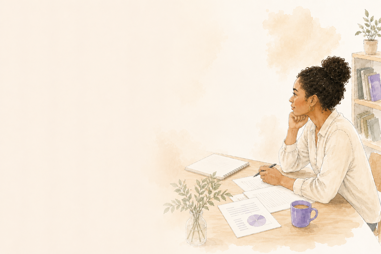 Une élue du CSE, assise à son bureau, réfléchit en parcourant documents et notes.